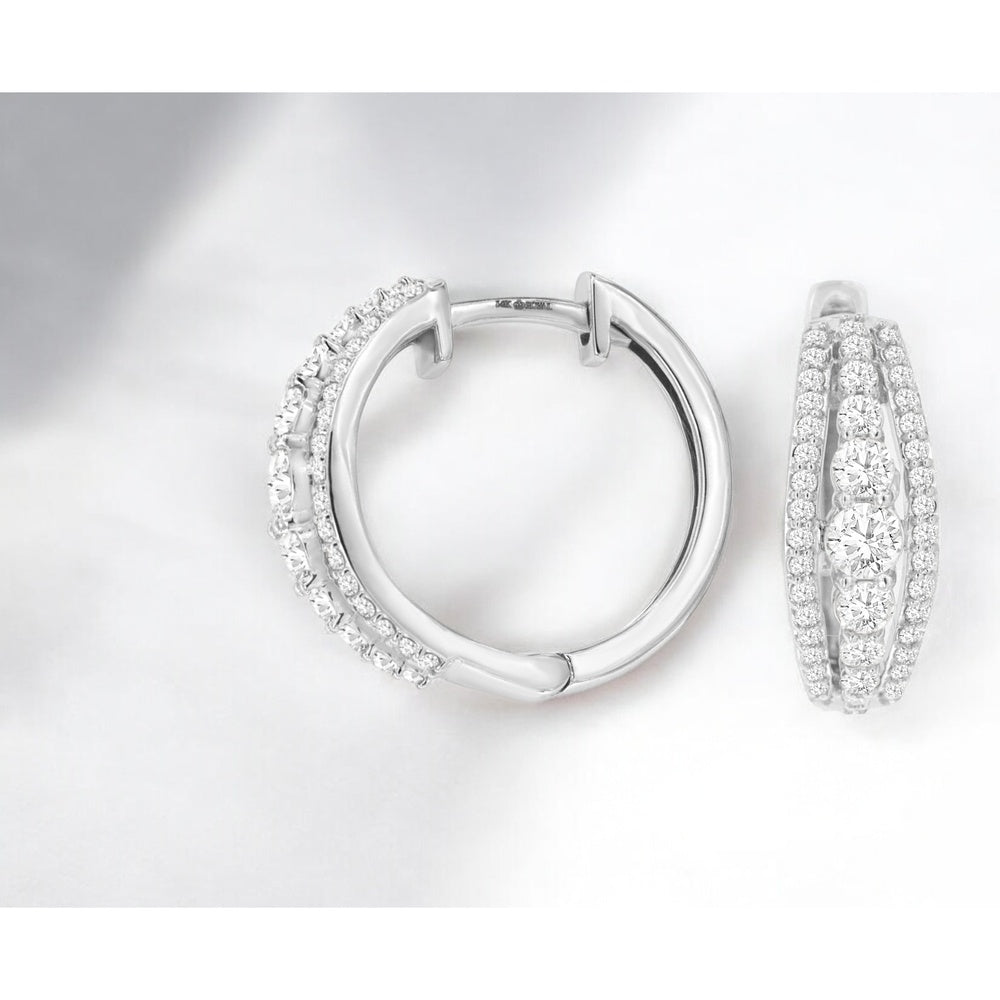 14K White Gold Three-Row Huggie Hoop Earrings with Pave and Prong-Set Round Diamonds - 0.90 Carat Total Diamond Weight - Royal Jewelry