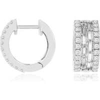 14K White Gold Three-Row Huggie Hoop Earrings with Round and Baguette Diamonds - 0.75 Carat Total Diamond Weight - Royal Jewelry