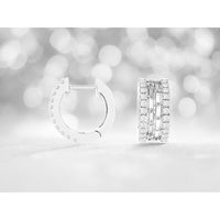 14K White Gold Three-Row Huggie Hoop Earrings with Round and Baguette Diamonds - 0.75 Carat Total Diamond Weight - Royal Jewelry