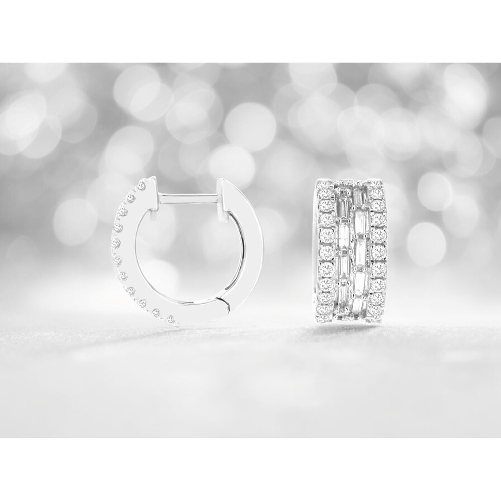 14K White Gold Three-Row Huggie Hoop Earrings with Round and Baguette Diamonds - 0.75 Carat Total Diamond Weight - Royal Jewelry