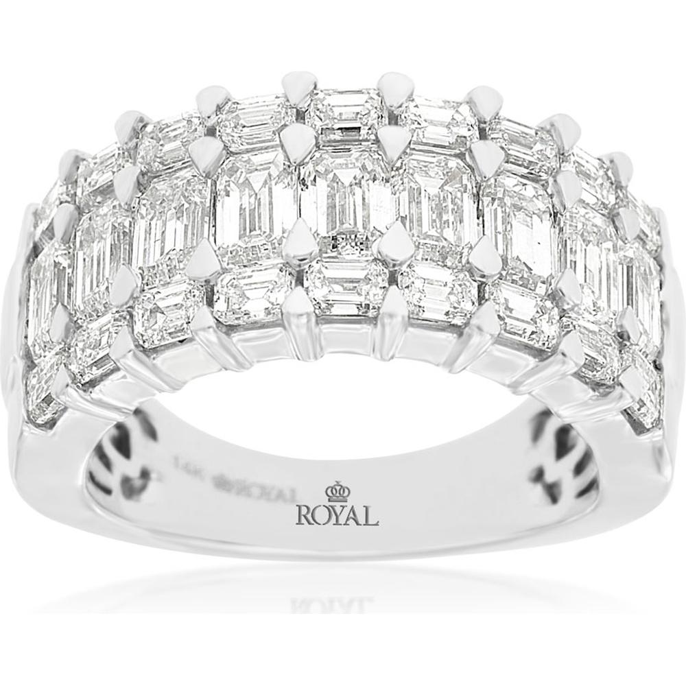 14K White Gold Three-Row Ring with Prong-Set Emerald Cut Diamonds - 5.00 Carat Total Diamond Weight - Royal Jewelry
