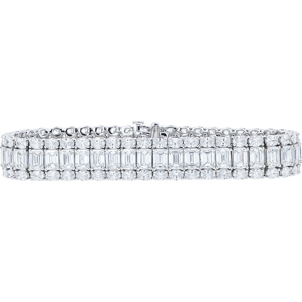 14K White Gold Three-Row Wide Bracelet with Center Emerald Cut and Round Lab Grown Diamonds - 28.00 Carat Total Diamond Weight