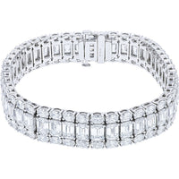14K White Gold Three-Row Wide Bracelet with Center Emerald Cut and Round Lab Grown Diamonds - 28.00 Carat Total Diamond Weight