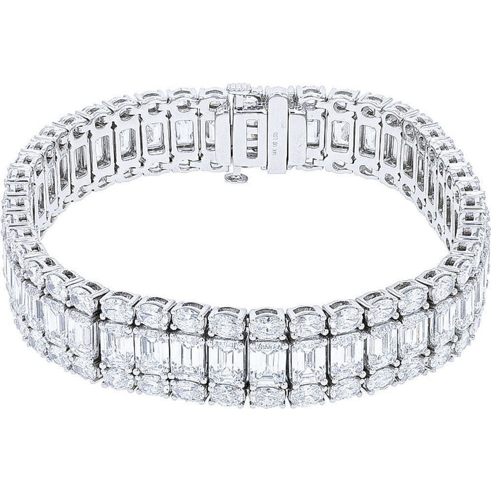 14K White Gold Three-Row Wide Bracelet with Center Emerald Cut and Round Lab Grown Diamonds - 28.00 Carat Total Diamond Weight