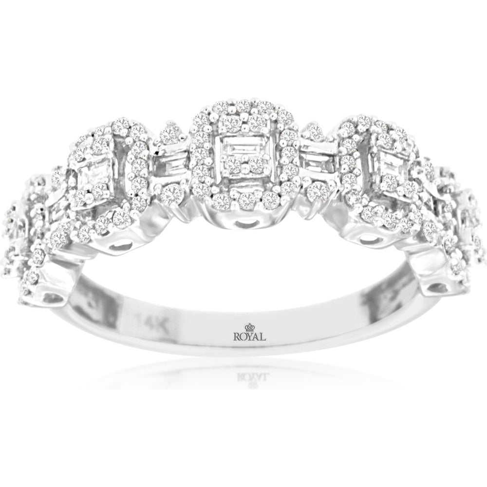 14K White Gold Three-Station Diamond Wedding Band with Square Halo Clusters and Baguette Accents - 0.43 Carat Total Diamond Weight - Royal Jewelry