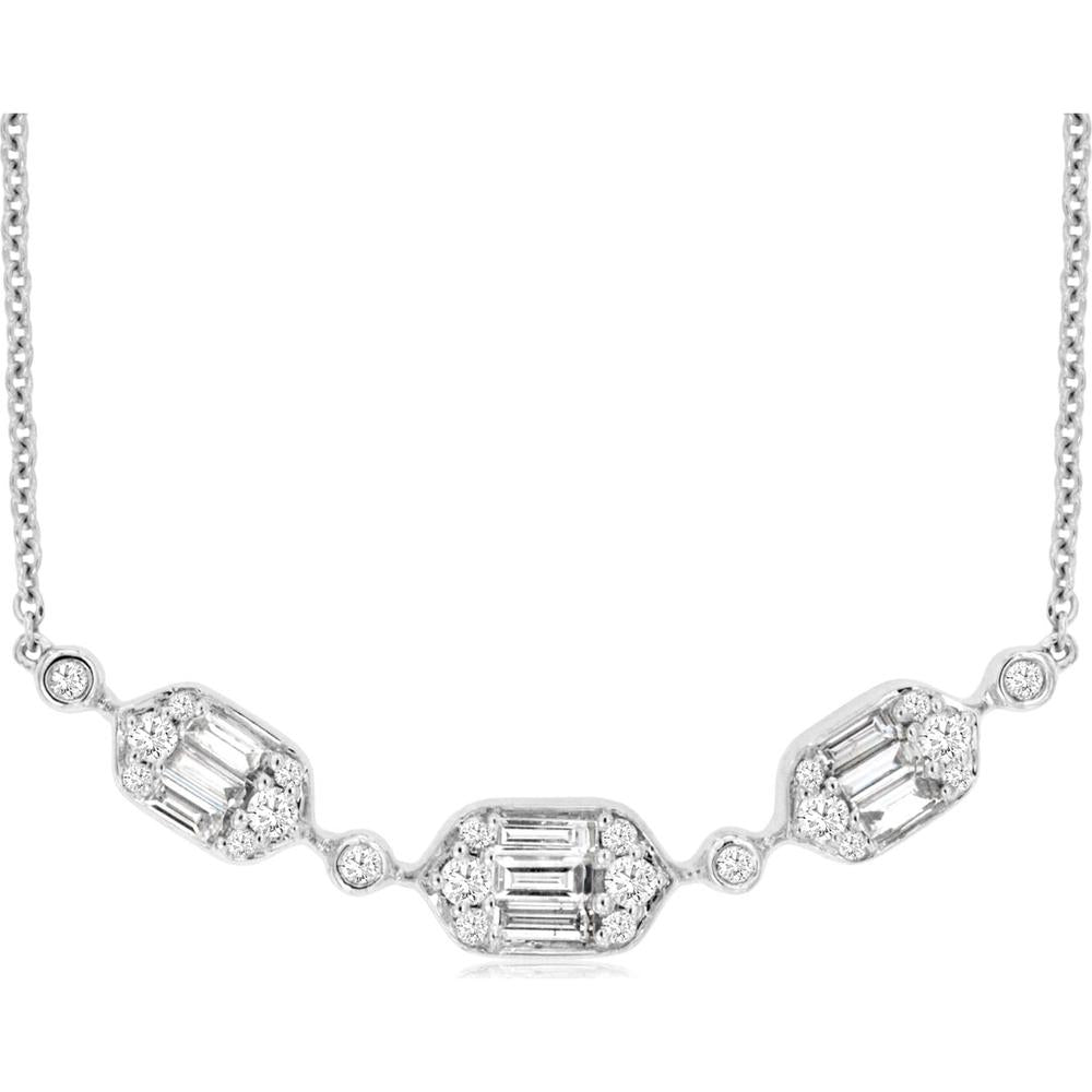 14K White Gold Three-Station Necklace with Geometric Baguette and Round Diamond Clusters - 0.57 Carat Total Diamond Weight - Royal Jewelry