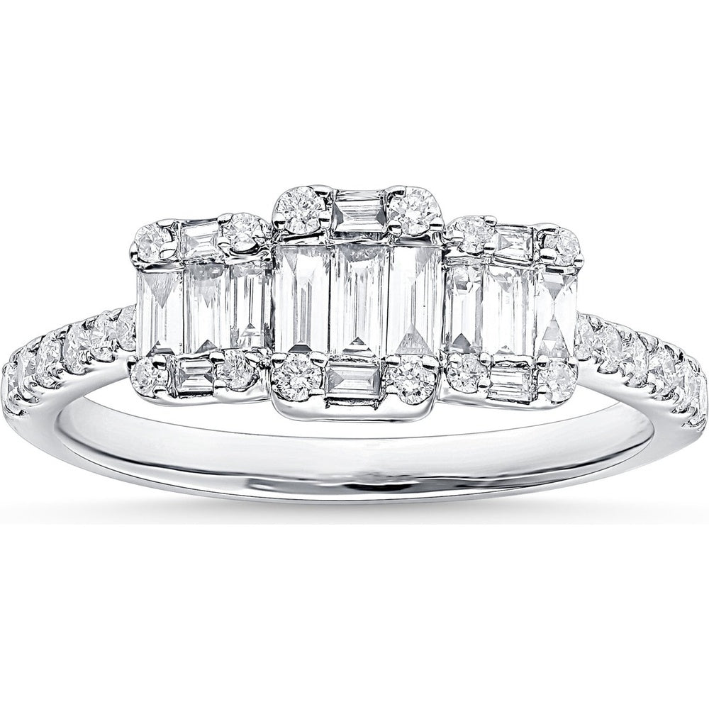 14K White Gold Three Stone Anniversary Ring with Emerald Cut and Round Diamond Accents - 0.63 Carat Total Diamond Weight by Auriventus