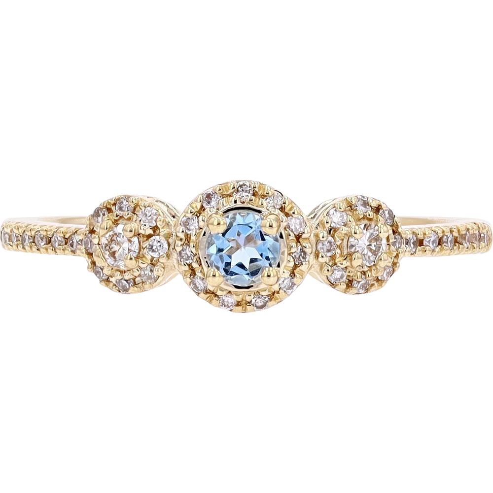 14K White Gold Three Stone Aquamarine Ring with Diamonds - 0.16 Carat Total Diamond Weight
