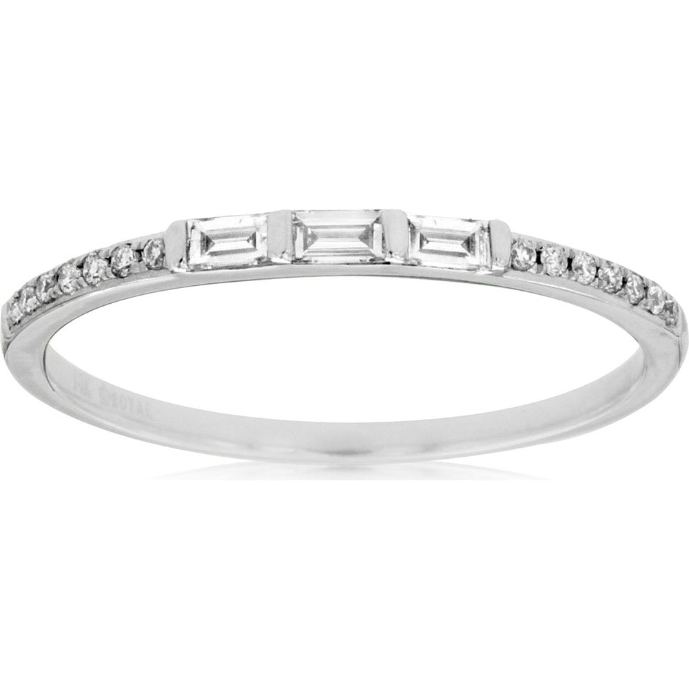14K White Gold Three-Stone Band with Bar-Set Baguette and Accent Round Diamonds - 0.17 Total Carat Weight - Royal Jewelry