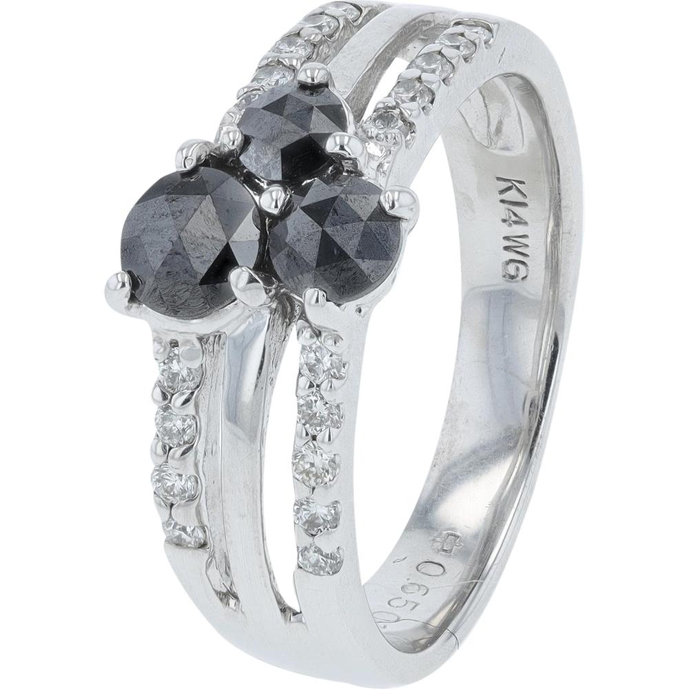 14K White Gold Three-Stone Black Diamond and White Diamond Split Shank Ring - 0.84 Carat Total Diamond Weight