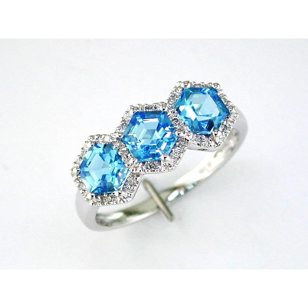 14K White Gold Three Stone Blue Topaz and Diamond Halo Ring - 2.00 Carat Total Topaz Weight, 0.07 Carat Total Diamond Weight - Royal Jewelry