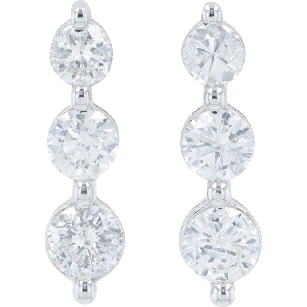 14K White Gold Three-Stone Diamond Drop Earrings with Round Brilliant Cut Stones - 1.00 Carat Total Diamond Weight