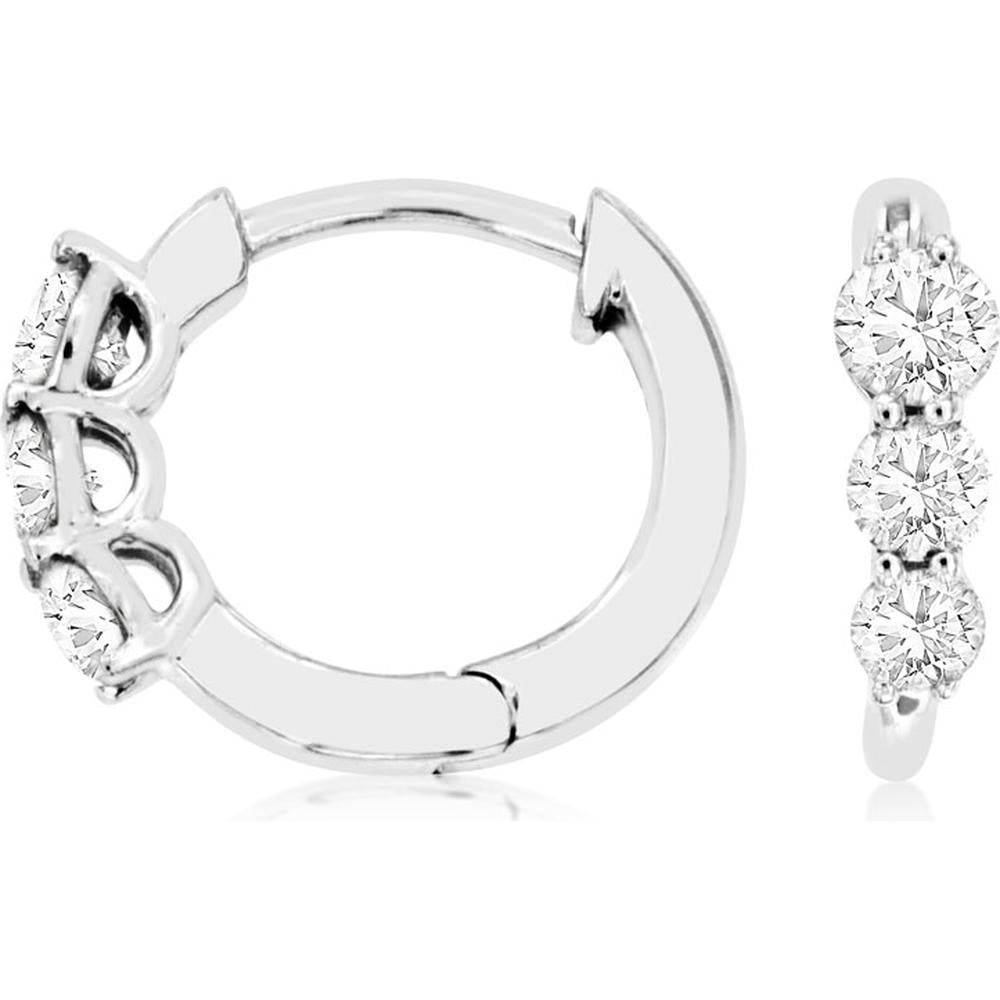14K White Gold Three-Stone Diamond Huggie Hoop Earrings - 0.50 Carat Total Weight (0.25 Carats per Earring) - Royal Jewelry