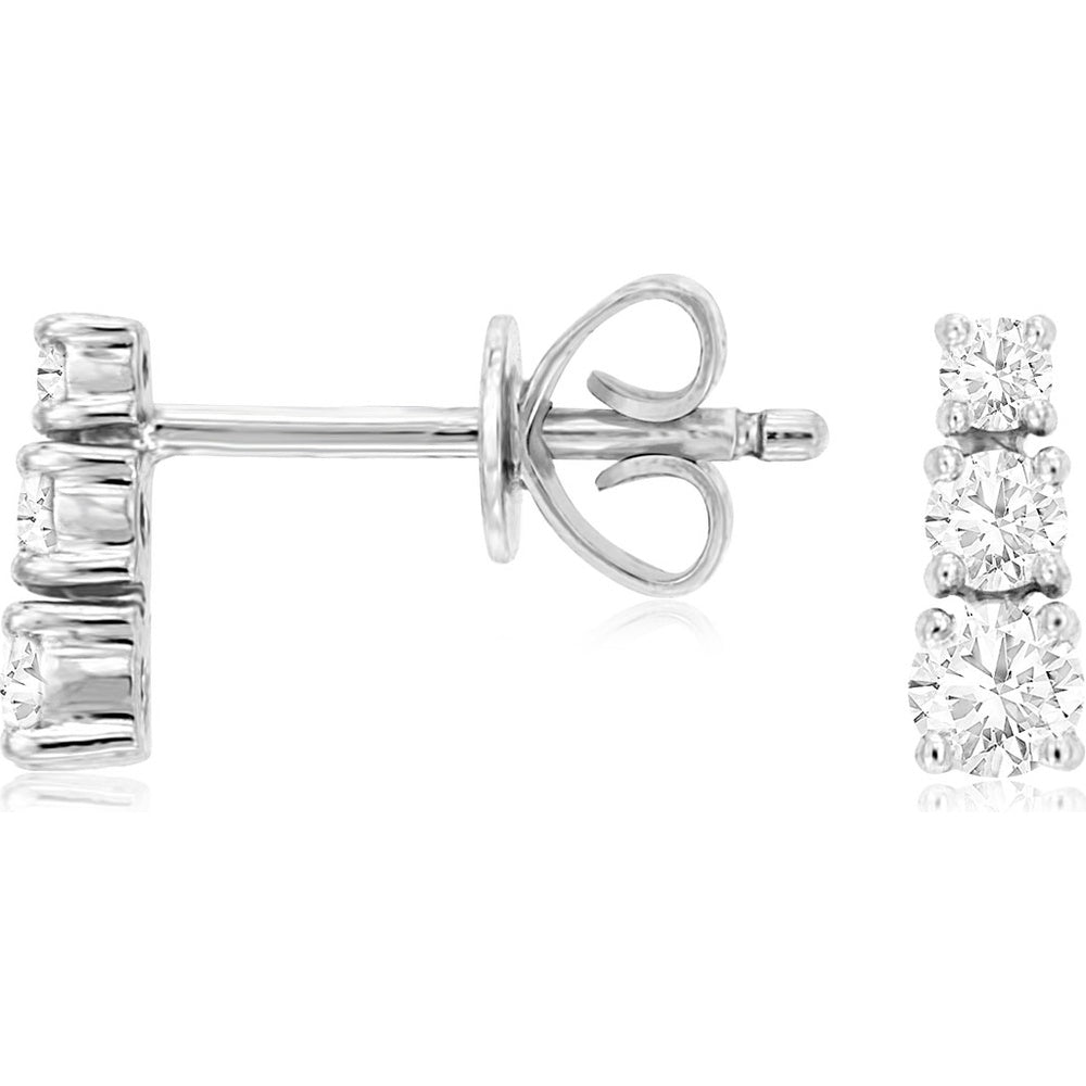 14K White Gold Three-Stone Diamond Stud Earrings with Prong-Set Round Brilliant Stones - 0.29 Carat Total Diamond Weight - Royal Jewelry