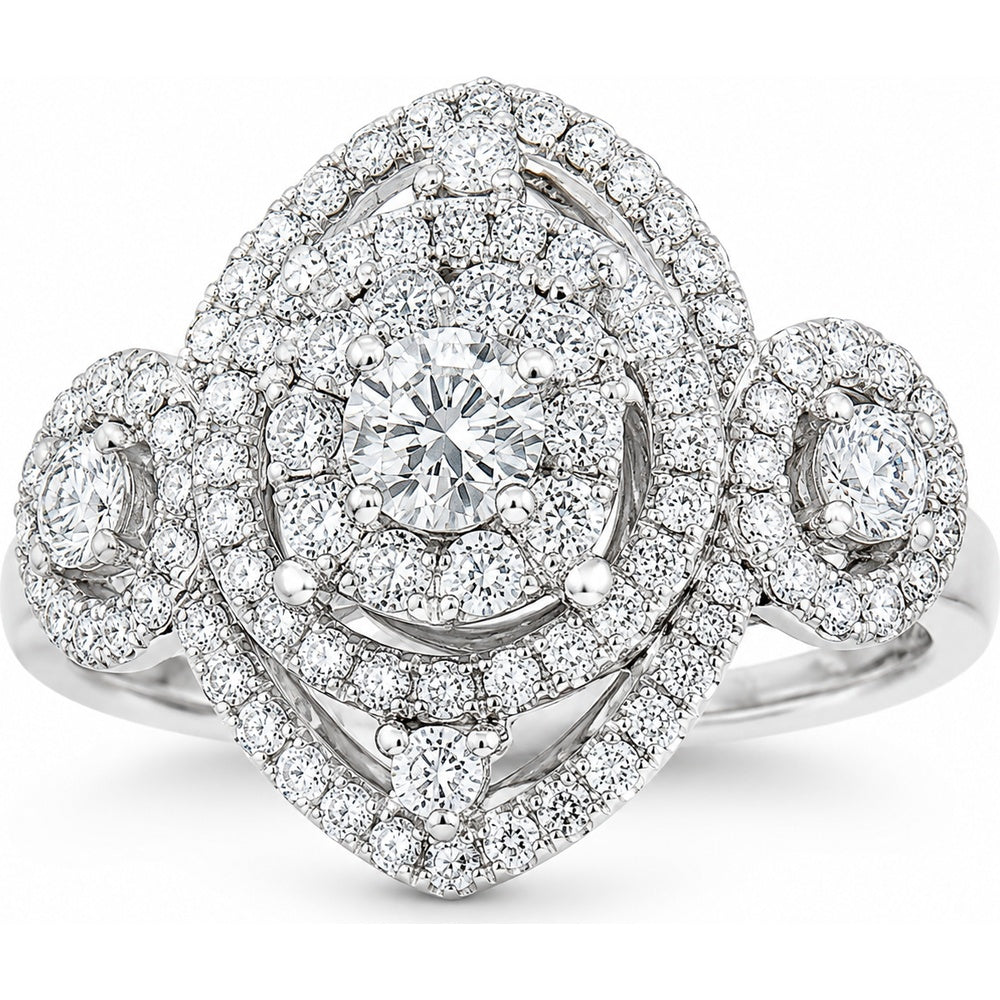 14K White Gold Three Stone Double Halo Ring with Round Brilliant Cut Diamonds - 1.35 Carat Total Diamond Weight by Auriventus