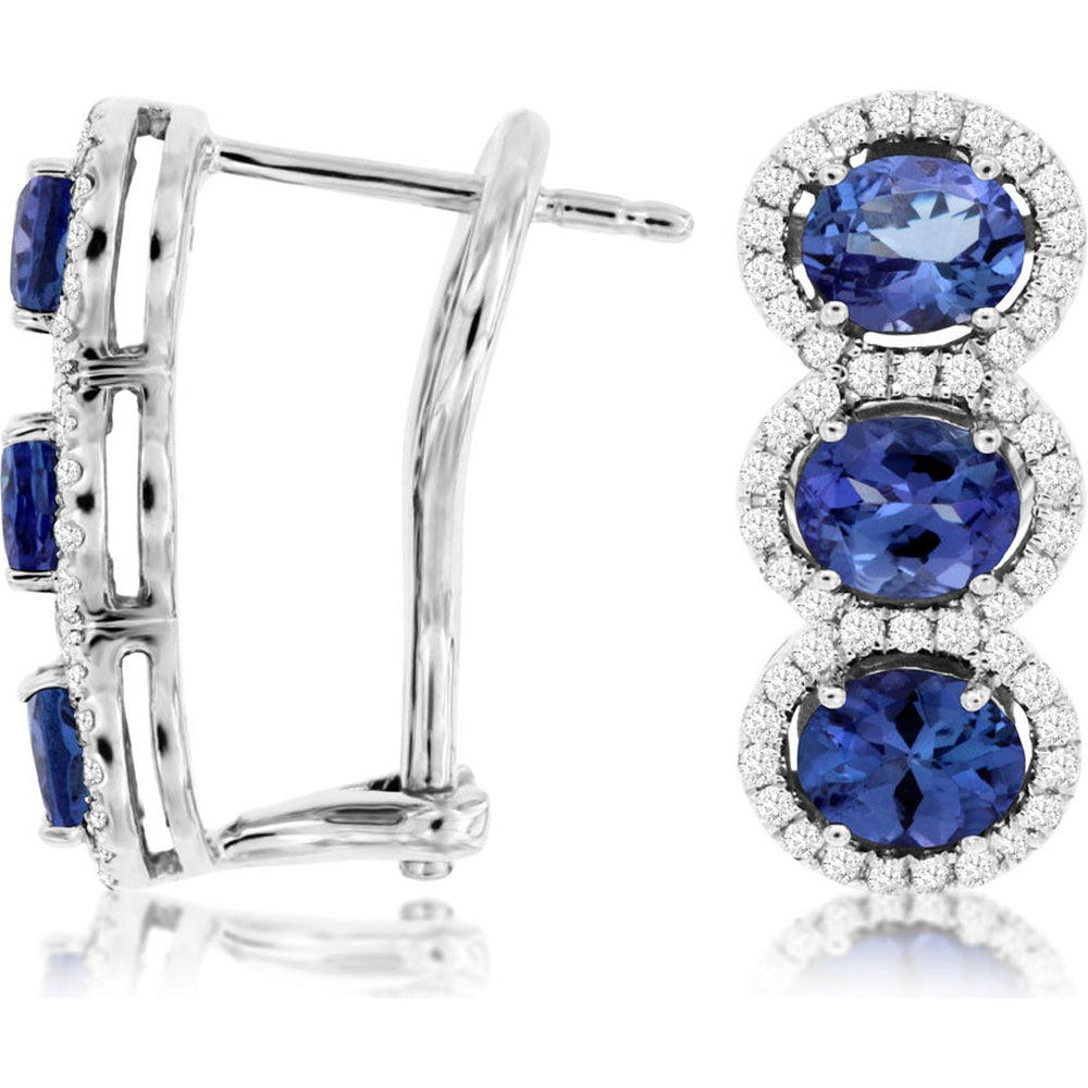 14K White Gold Three-Stone Drop Earrings with Oval Tanzanite and Diamond Halos - 2.10 Carat Total Tanzanite Weight and 0.38 Carat Total Diamond Weight - Royal Jewelry