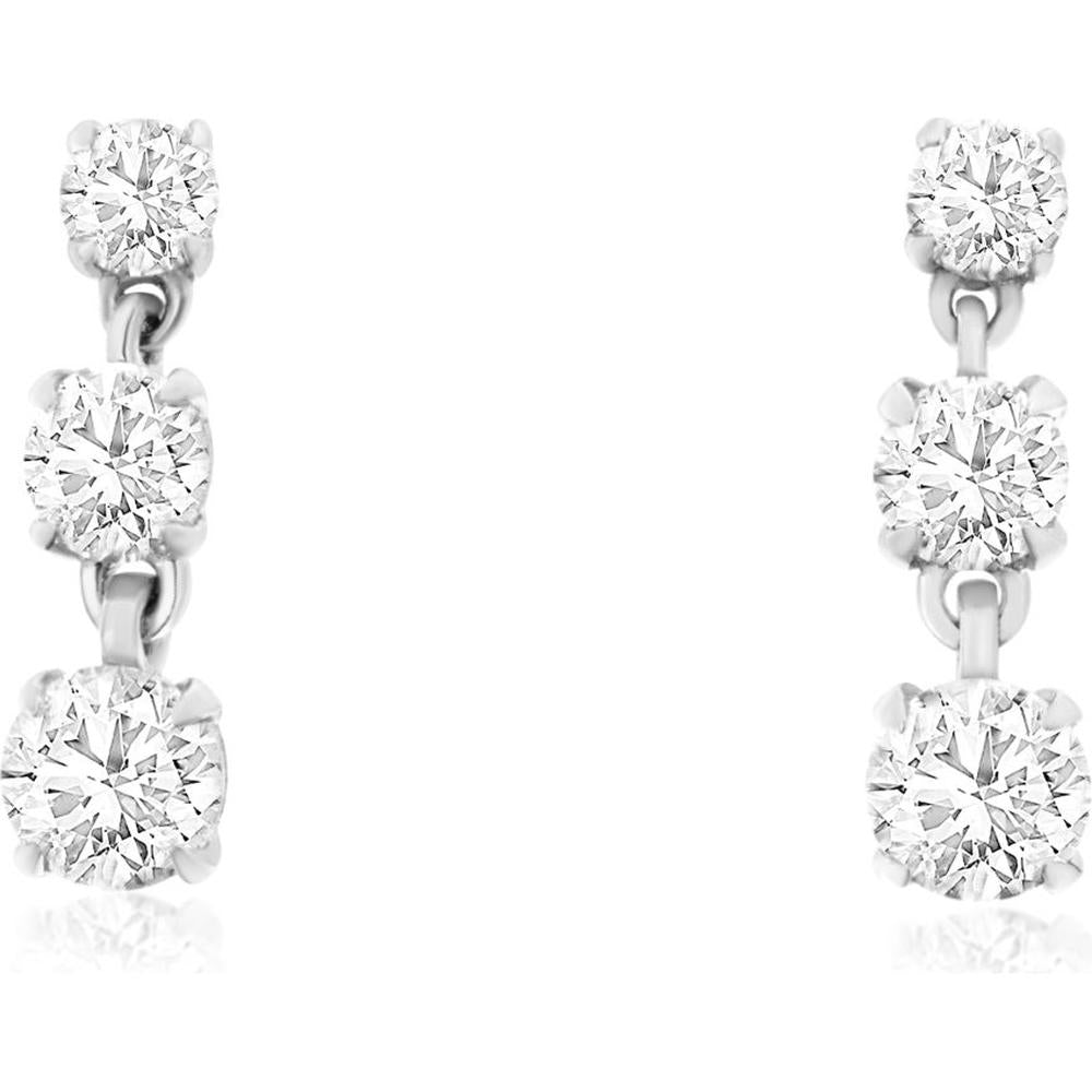 14K White Gold Three-Stone Drop Earrings with Prong Set Round Diamonds - 0.50 Carat Total Diamond Weight - Royal Jewelry