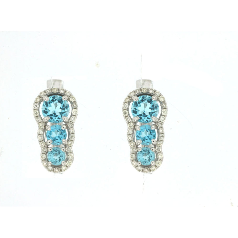 14K White Gold Three-Stone Drop Earrings with Round Blue Topaz and Diamond Halo - 1.10 Carat Total Topaz Weight and 0.19 Carat Total Diamond Weight - Royal Jewelry