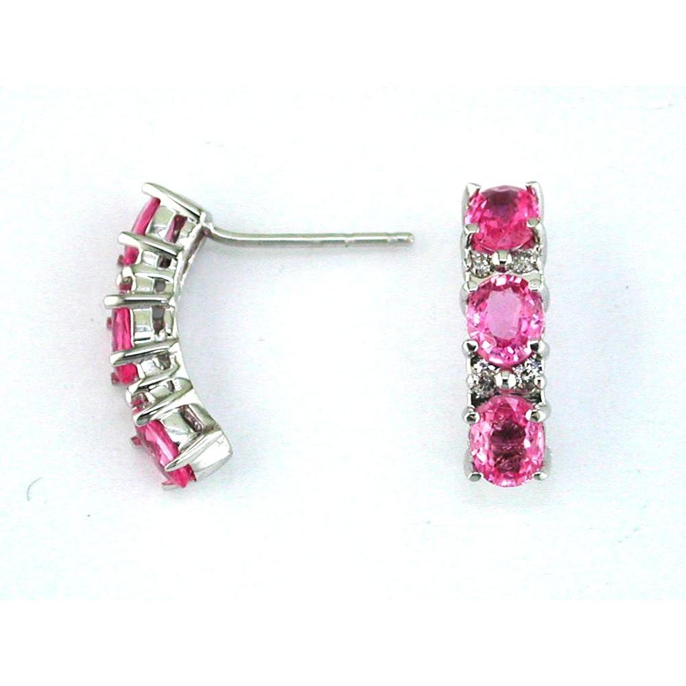 14K White Gold Three-Stone Earrings with Oval Pink Sapphires and Round Diamonds - 2.80 Carats Total Gem Weight