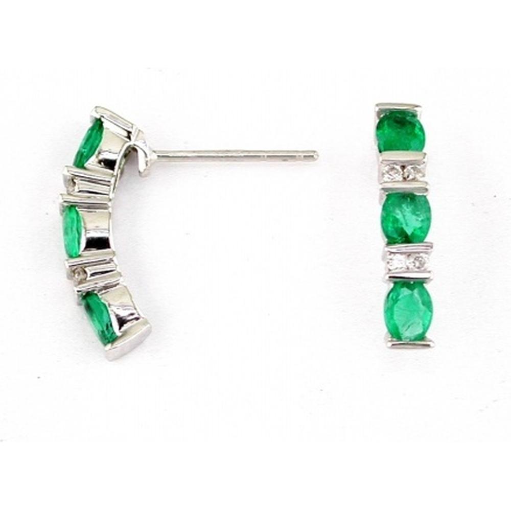 14K White Gold Three Stone Emerald and Diamond Earrings - 1.08 Carats Total Gem Weight