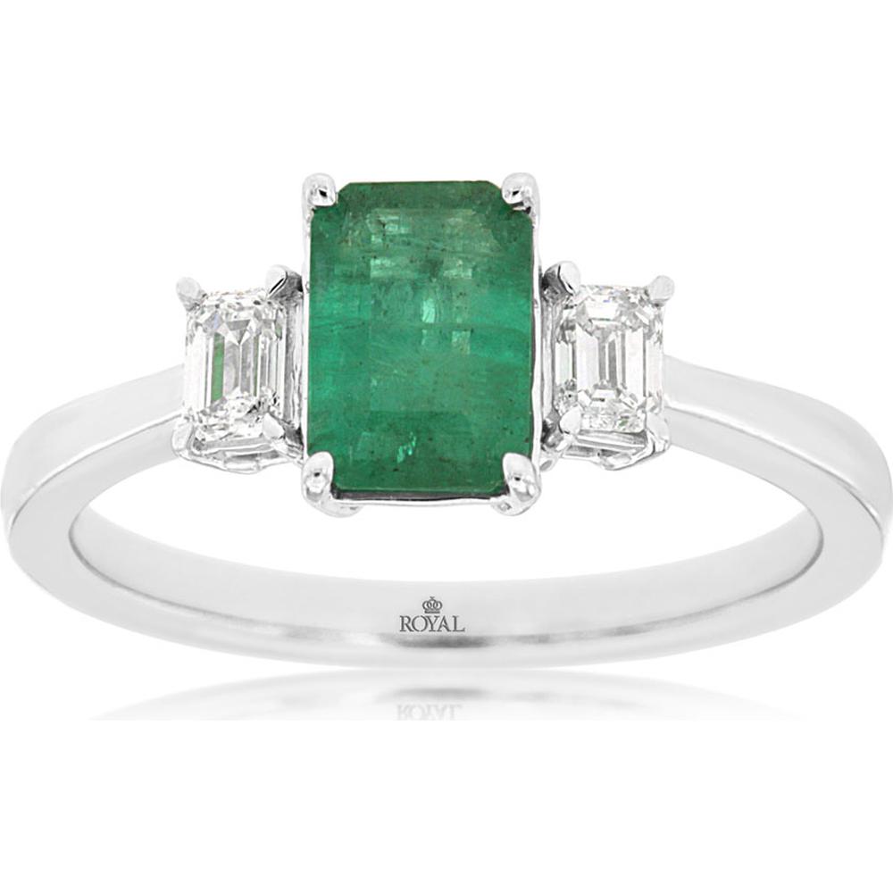 14K White Gold Three-Stone Emerald Cut Emerald and Diamond Ring - 1.00 Carat Emerald, 0.28 Carat Total Diamond Weight - Royal Jewelry
