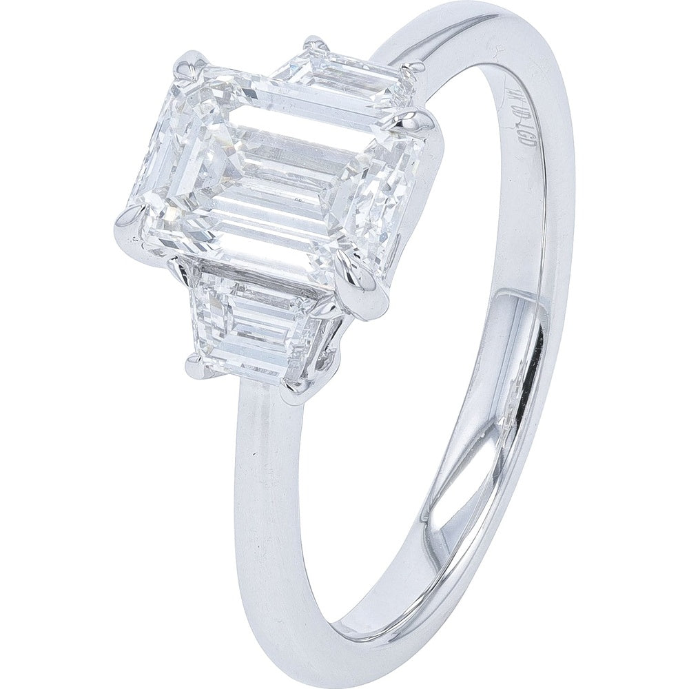 14K White Gold Three Stone Engagement Ring with 1.00 Carat Emerald Cut Lab Grown Diamond Center - 1.82 Carat Total Diamond Weight