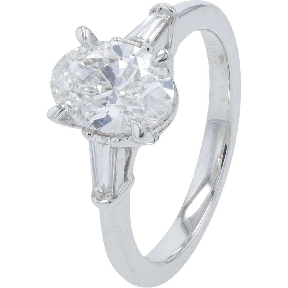14K White Gold Three Stone Engagement Ring with 1.50 Carat Oval Lab Grown Diamond and Baguette Side Stones - 1.75 Carat Total Diamond Weight