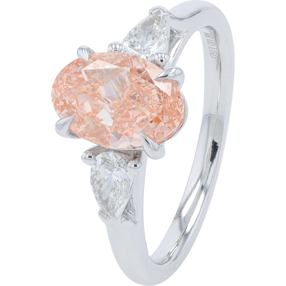 14K White Gold Three Stone Engagement Ring with 1.75 Carat Pink Oval Lab Grown Diamond and Pear Cut Side Stones - 2.25 Carat Total Diamond Weight