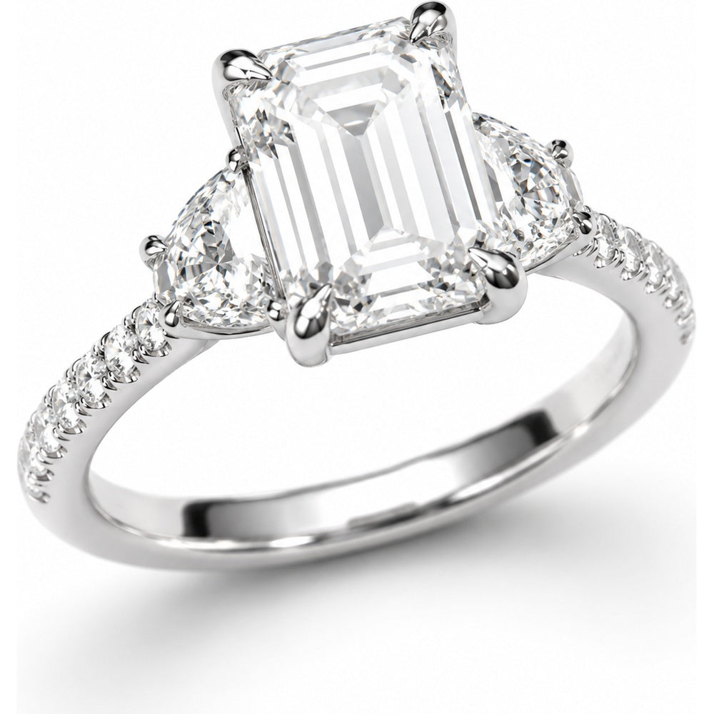 14K White Gold Three-Stone Engagement Ring with 2.00 Carat Emerald-Cut Center Diamond, Pear Side Diamonds and Pavé Band - 4.96 Carat Total Diamond Weight by Auriventus