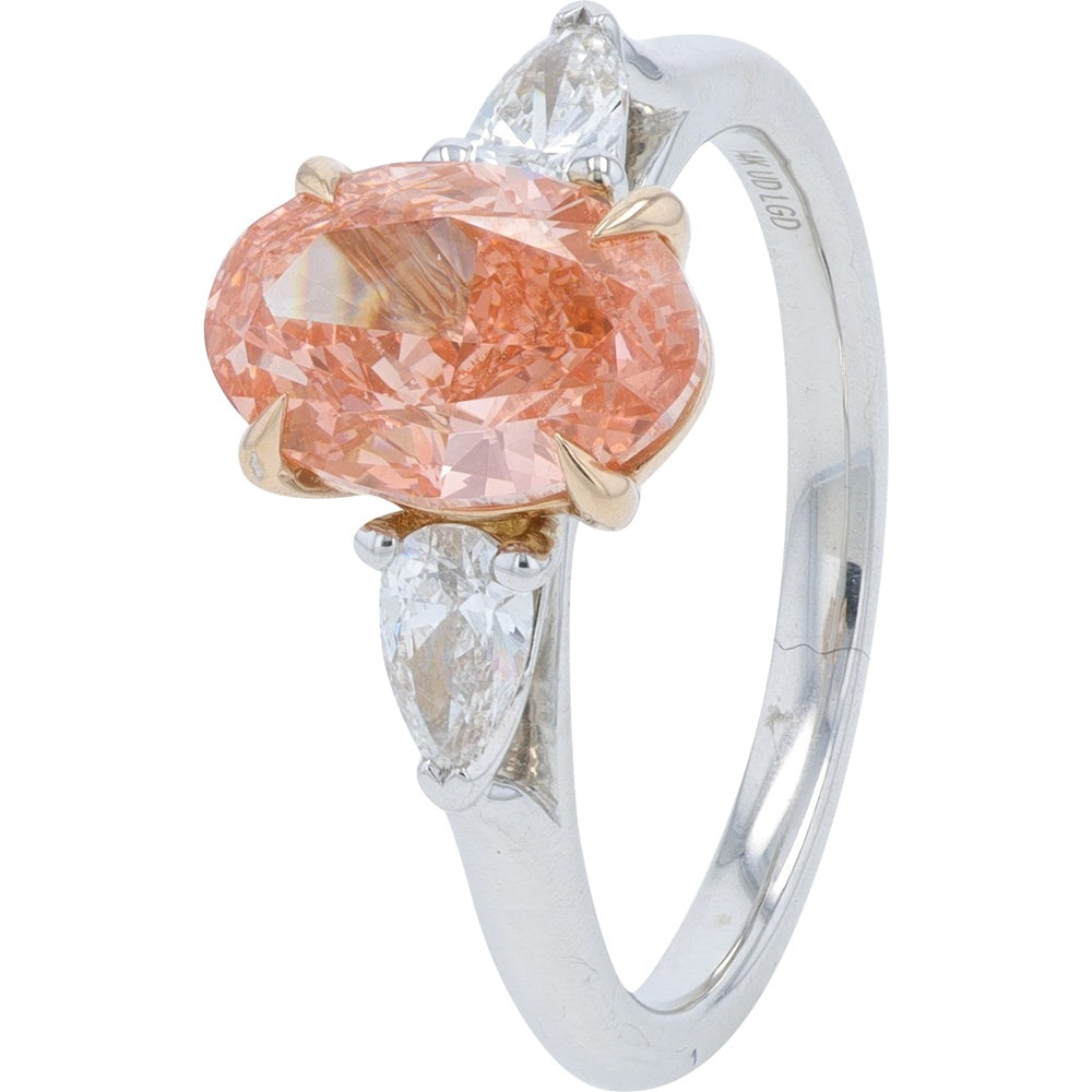 14K White Gold Three-Stone Engagement Ring with 2.10 Carat Oval Pink Lab-Grown Diamond and 0.40 Carat Pear White Diamonds - 2.50 Carat Total Diamond Weight