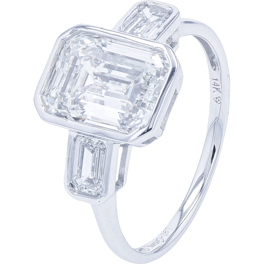 14K White Gold Three-Stone Engagement Ring with 3.00 Carat Emerald Cut Lab Grown Center and Baguette Side Diamonds - 3.50 Carat Total Diamond Weight