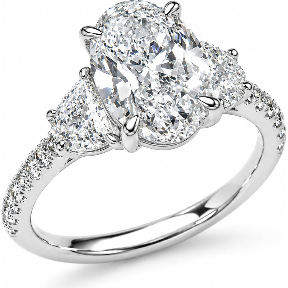 14K White Gold Three-Stone Engagement Ring with 3.00 Carat Oval Center Diamond, Pear Side Diamonds and Pavé Band - 7.04 Carat Total Diamond Weight by Auriventus