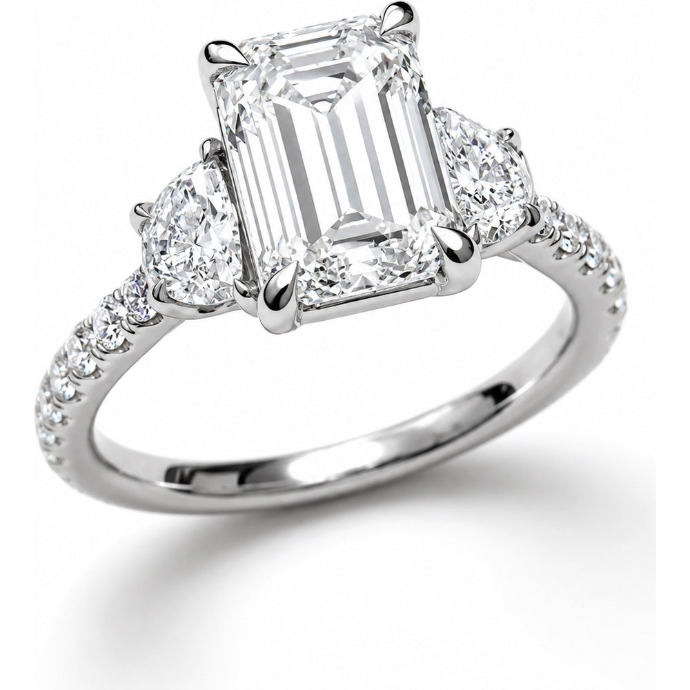 14K White Gold Three-Stone Engagement Ring with 3.05 Carat Emerald-Cut Center Diamond, Pear-Shaped Side Diamonds and Pavé Band - 7.22 Carat Total Diamond Weight by Auriventus