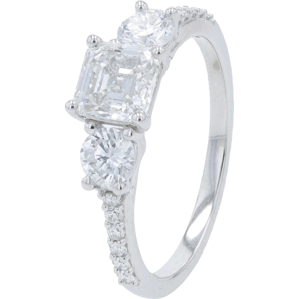 14K White Gold Three-Stone Engagement Ring with Asscher Cut Lab Grown Diamond and Round Side Stones - 1.50 Carat Total Diamond Weight