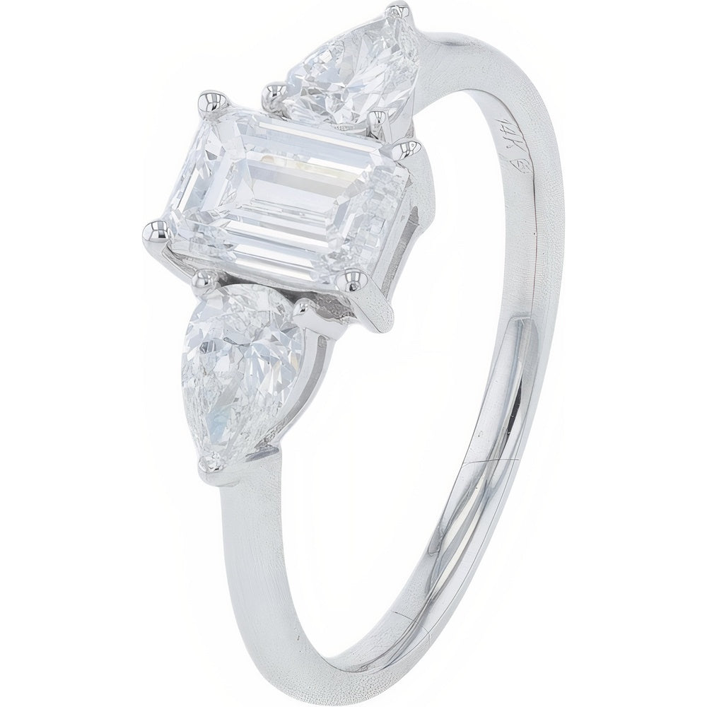 14K White Gold Three-Stone Engagement Ring with Emerald Cut and Pear Lab Grown Diamonds - 1.50 Carat Total Diamond Weight