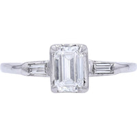 14K White Gold Three-Stone Engagement Ring with Emerald-Cut Center Diamond and Baguette Side Stones - 0.70 Carat Total Diamond Weight