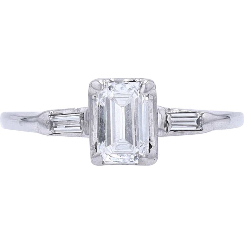 14K White Gold Three-Stone Engagement Ring with Emerald-Cut Center Diamond and Baguette Side Stones - 0.70 Carat Total Diamond Weight