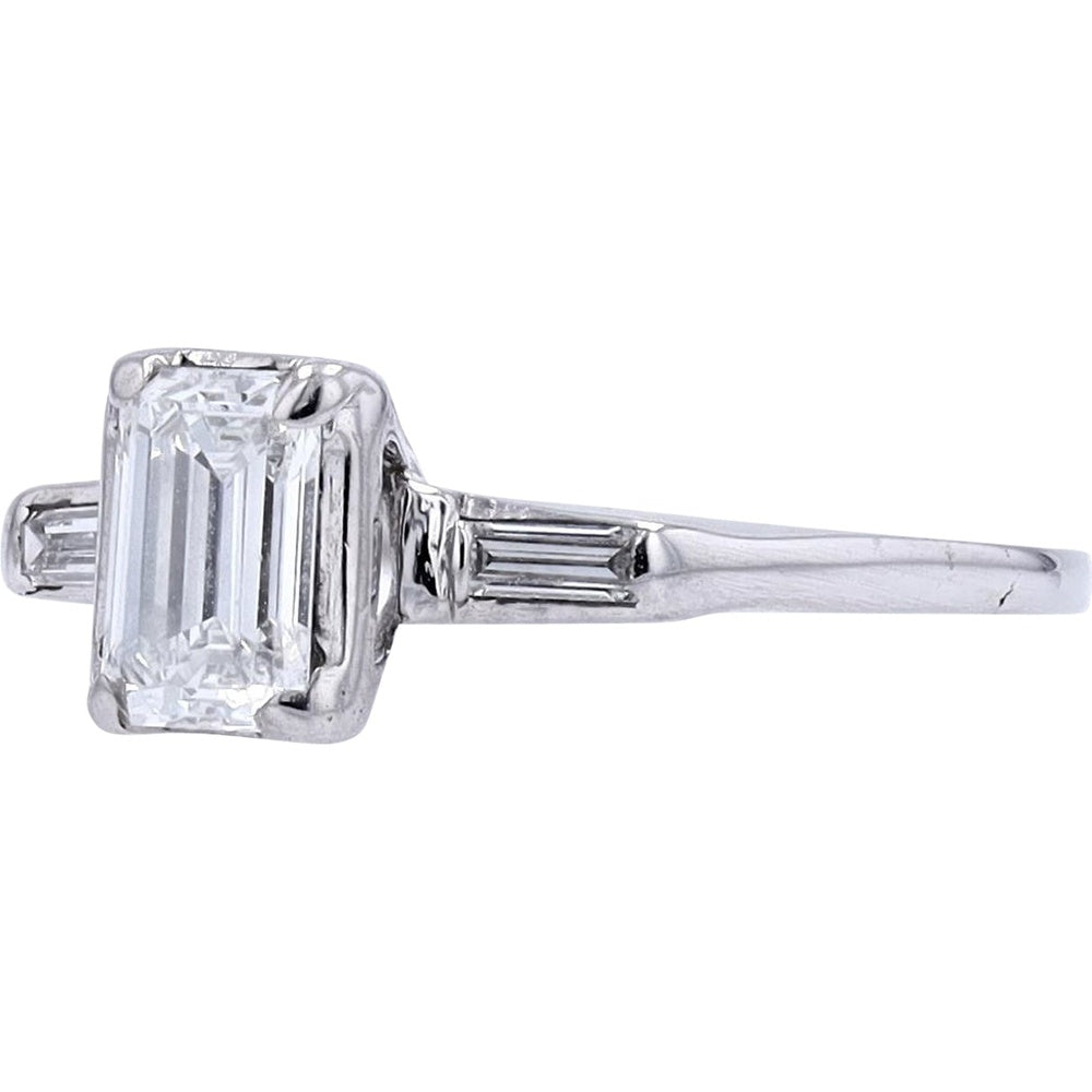 14K White Gold Three-Stone Engagement Ring with Emerald-Cut Center Diamond and Baguette Side Stones - 0.70 Carat Total Diamond Weight