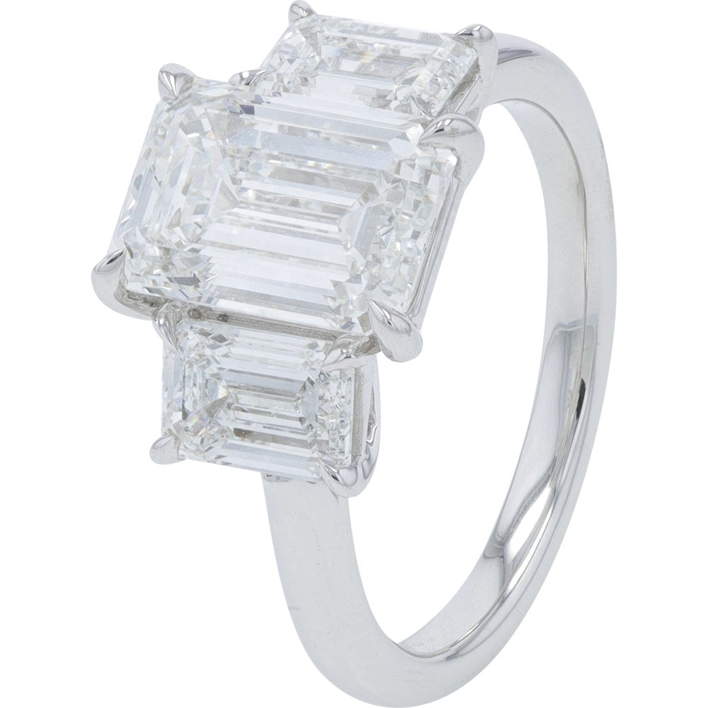 14K White Gold Three Stone Engagement Ring with Emerald Cut Lab Grown Diamond and Baguette Side Stones - 4.60 Carat Total Diamond Weight