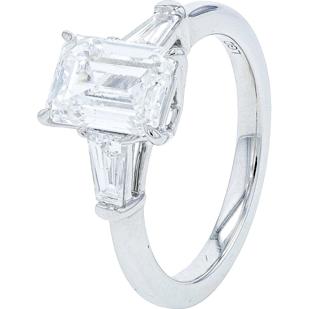 14K White Gold Three-Stone Engagement Ring with Emerald Cut Lab Grown Diamond and Tapered Baguettes - 2.48 Carat Total Diamond Weight