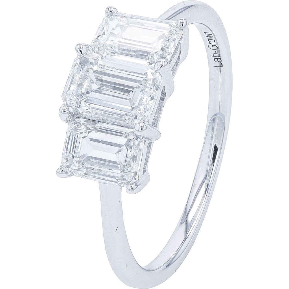 14K White Gold Three Stone Engagement Ring with Emerald Cut Lab Grown Diamonds - 2.00 Carat Total Diamond Weight