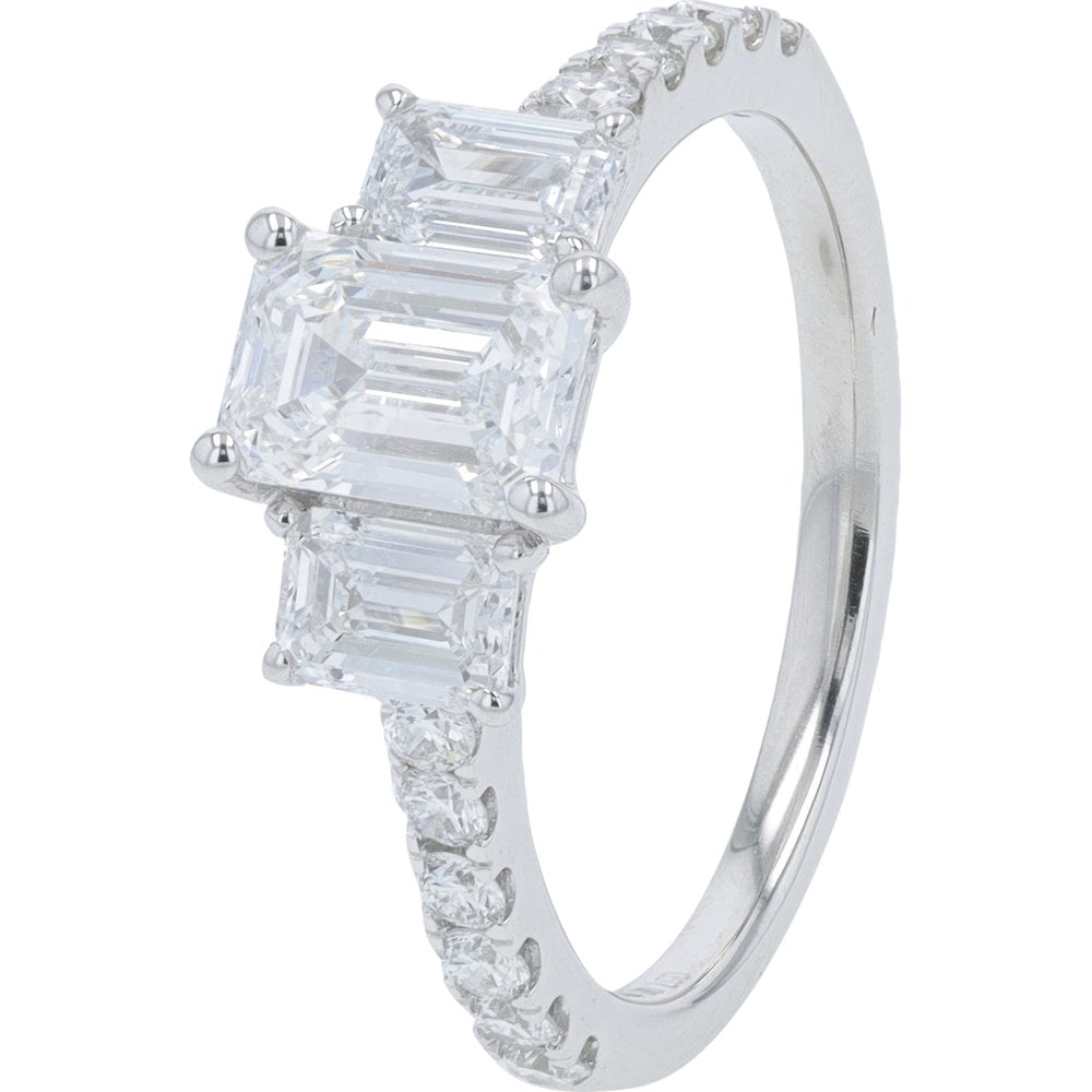 14K White Gold Three-Stone Engagement Ring with Emerald-Cut Lab Grown Diamonds - 2.00 Carat Total Diamond Weight