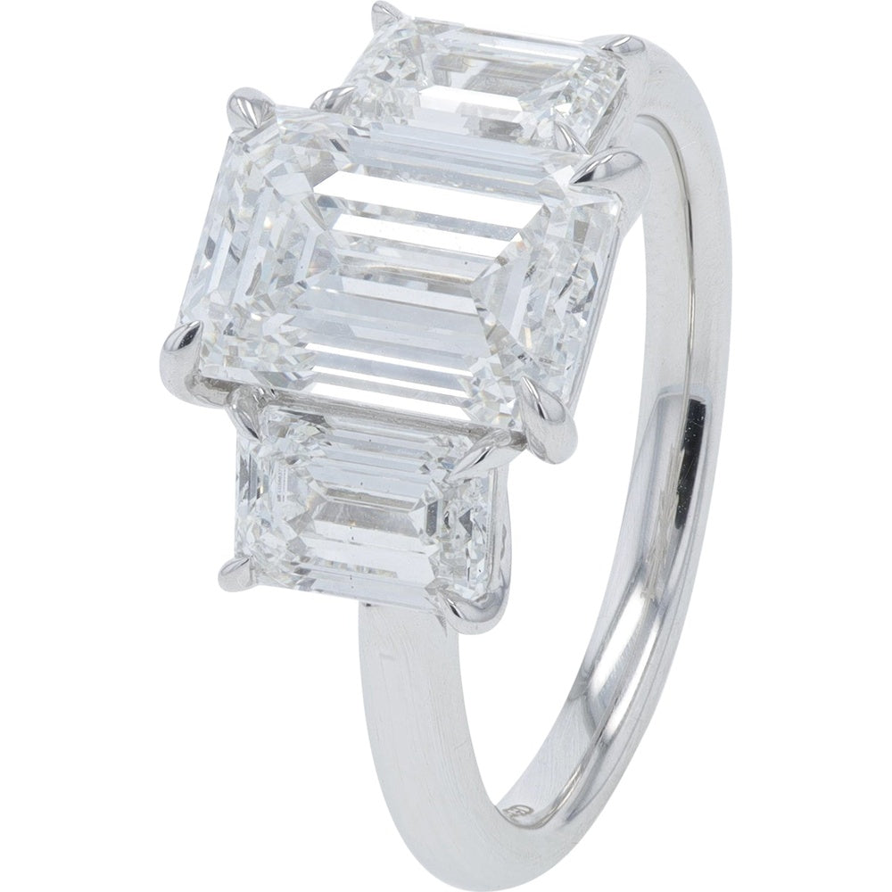 14K White Gold Three-Stone Engagement Ring with Emerald Cut Lab Grown Diamonds - 4.50 Carat Total Diamond Weight, E/F Color, VS1/VS2 Clarity