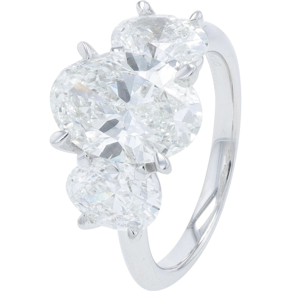 14K White Gold Three-Stone Engagement Ring with Oval Lab Grown Diamond - 5.00 Carat Total Diamond Weight