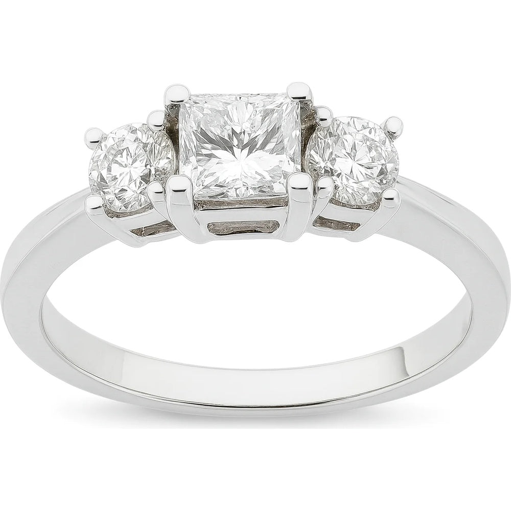14K White Gold Three-Stone Engagement Ring with Princess-Cut and Round Diamonds - 1.50 Carat Total Diamond Weight by Auriventus