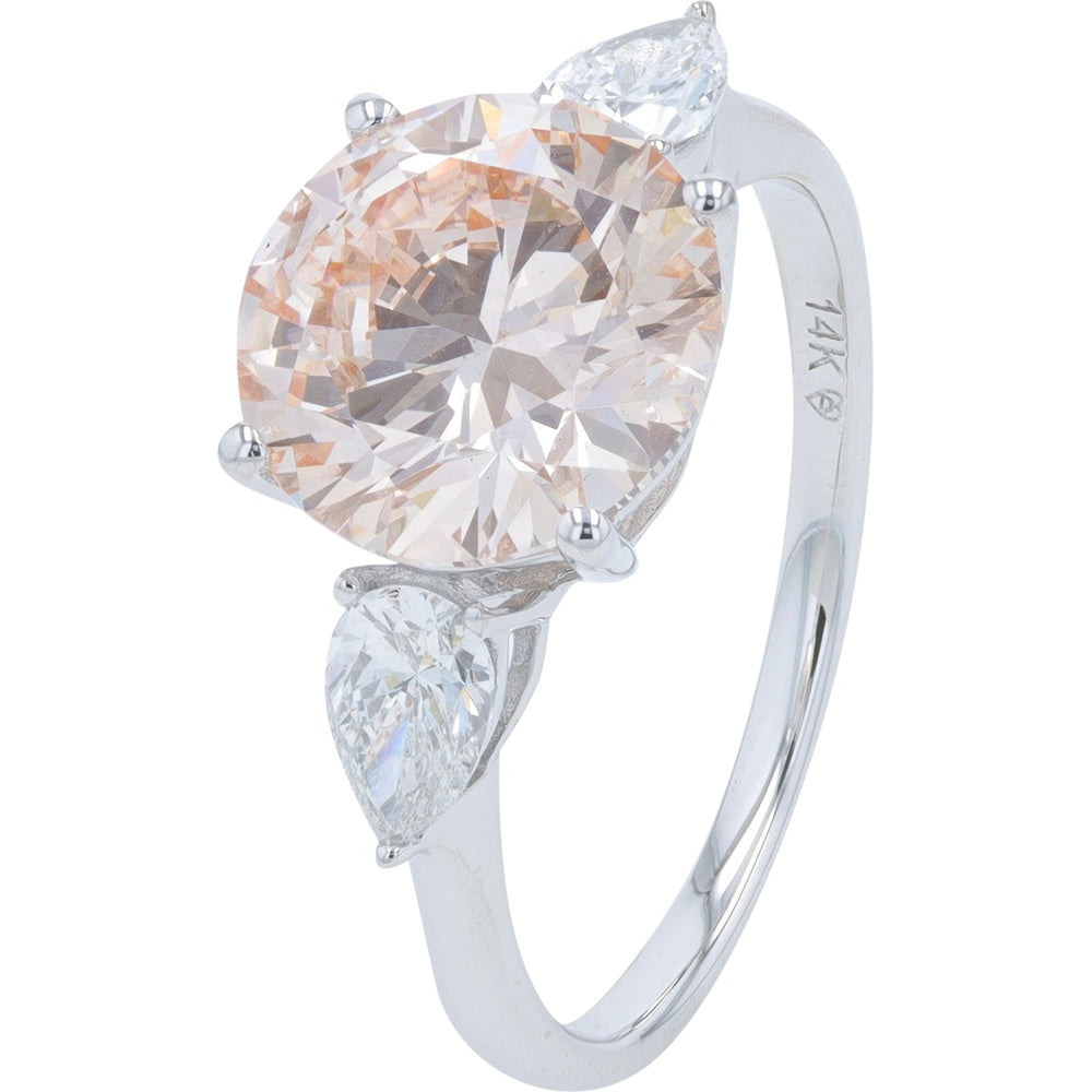 14K White Gold Three-Stone Engagement Ring with Round Brilliant Lab Grown Center and Pear-Shaped Accents - 3.50 Carat Total Diamond Weight