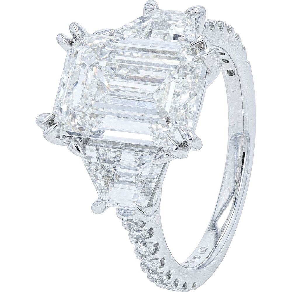 14K White Gold Three Stone Engagement Ring with Step Cut Lab Grown Diamonds - 7.00 Carat Total Diamond Weight