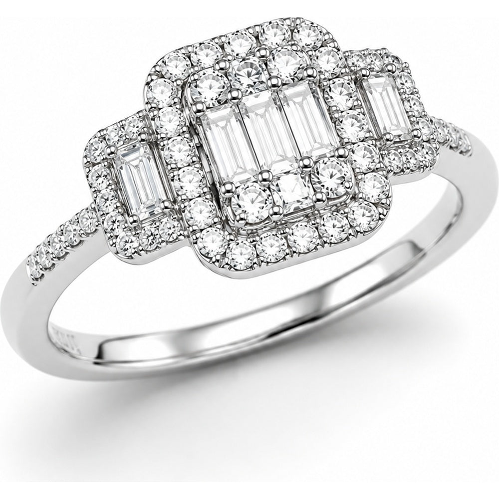 14K White Gold Three-Stone Fashion Ring with Baguette and Round Diamond Halo - 0.53 Carat Total Diamond Weight by Auriventus