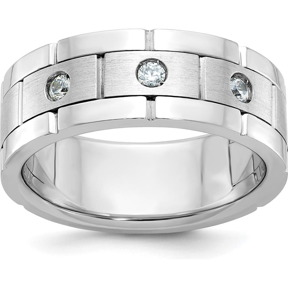 14K White Gold Three Stone Grooved Men's Ring Mounting with Polished Satin Finish by IBGoodman
