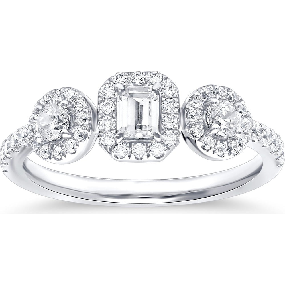 14K White Gold Three Stone Halo Fashion Ring with Emerald Cut and Round Diamonds - 0.81 Carat Total Diamond Weight by Auriventus